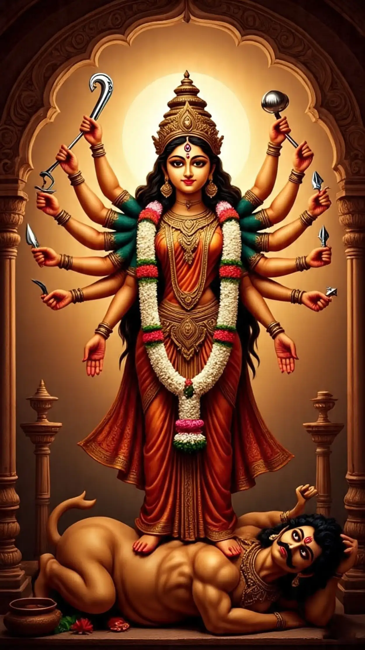 maa durga photo standing on mahishasura