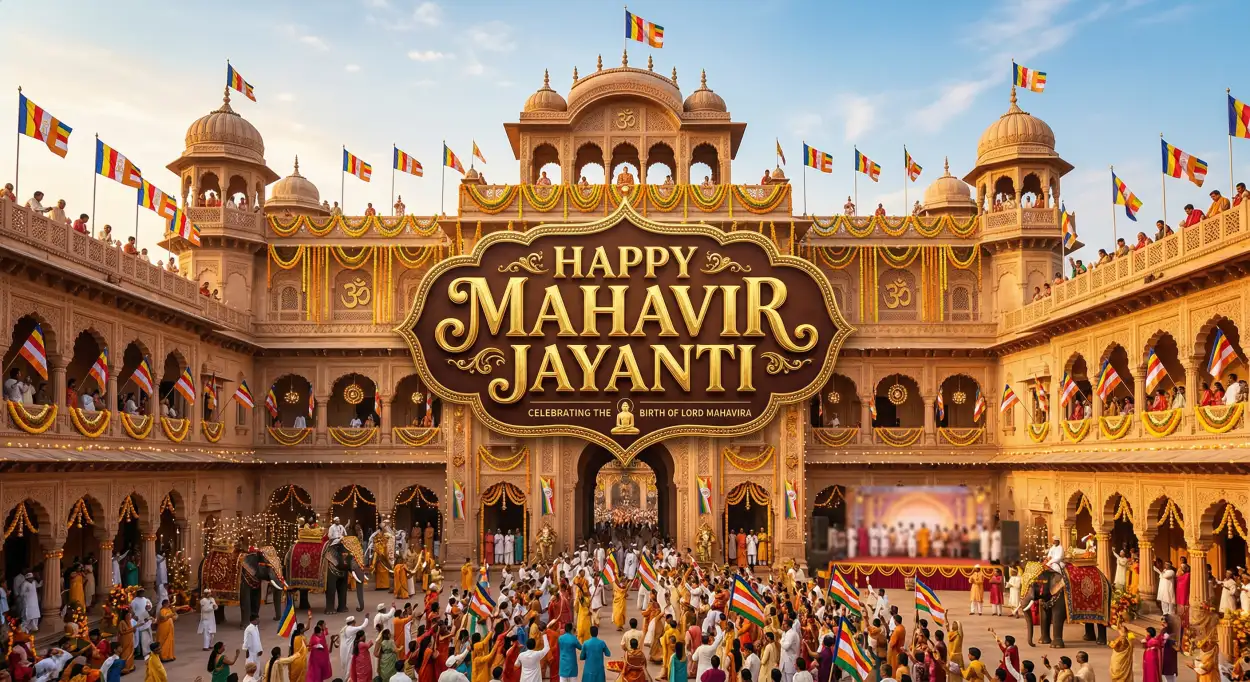Free Download Mahavir Jayanti 2026 Stage Backdrop Design - High Quality Happy Mahavir Jayanti 2026 Image