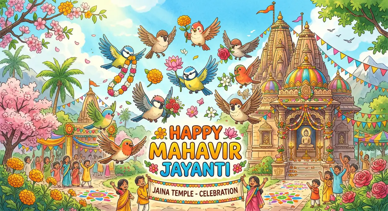 Free Download Mahavir Jayanti 2026 Temple Decoration Banner - High Quality Happy Mahavir Jayanti 2026 Image