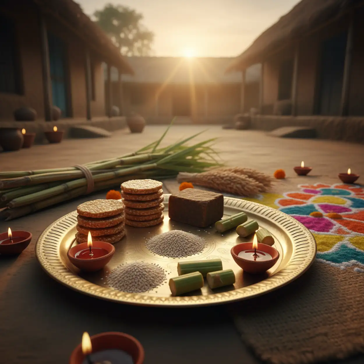 makar sankranti background with rangoli and diya