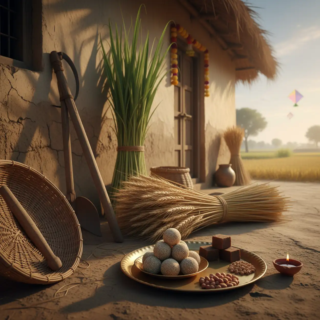 makar sankranti background with til gul sweets