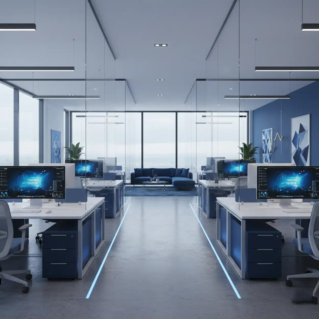Free Download Office Interior Background With Blue Theme - High Quality Office Interior Design Background Background