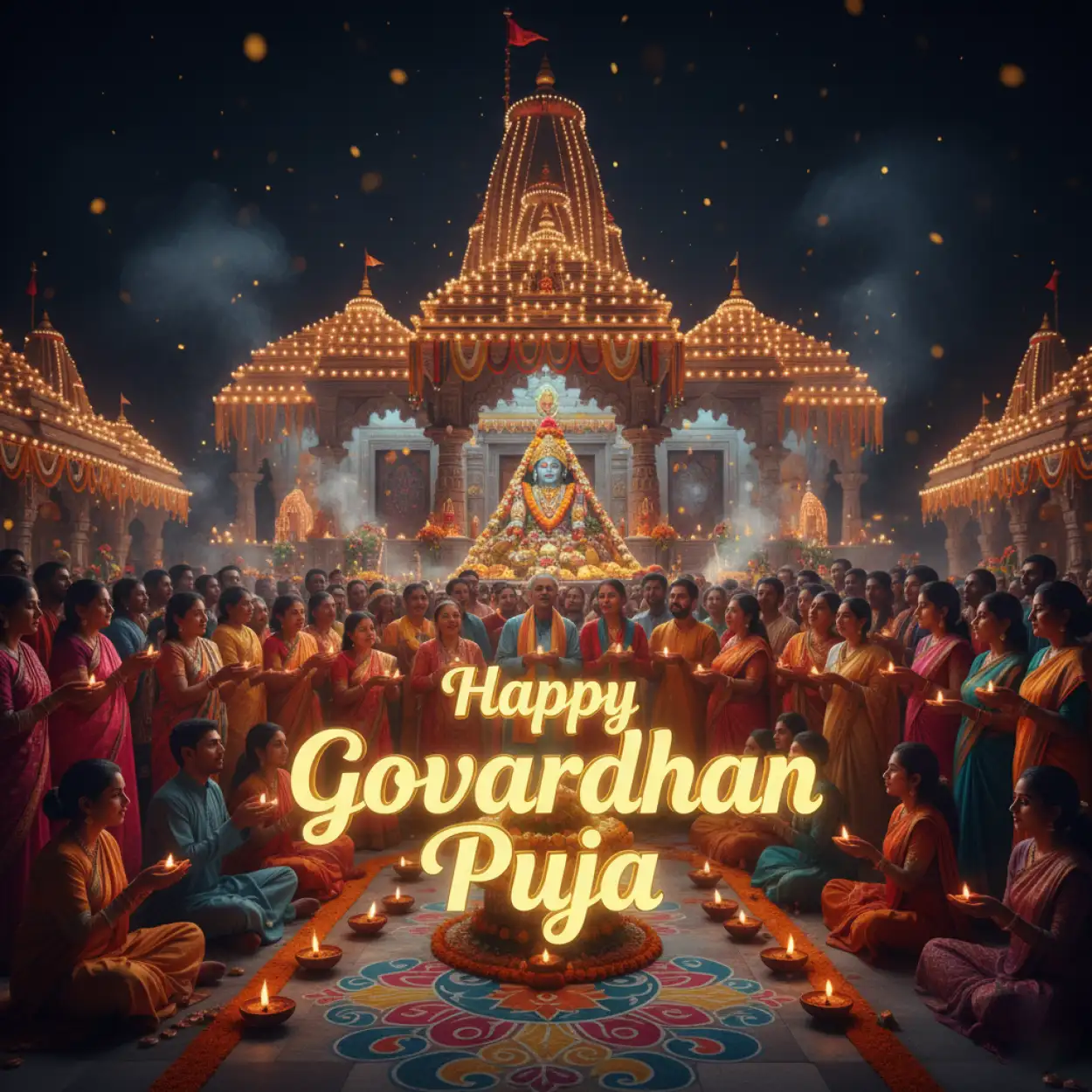 Panoramic view of decorated village during Govardhan Puja