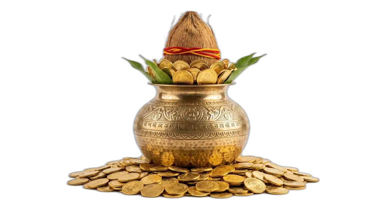 Free Download Puja Kalash Symbol With Gold Coins Png - High Quality Golden Puja Kalash With Gold Coins Png Transparent PNG