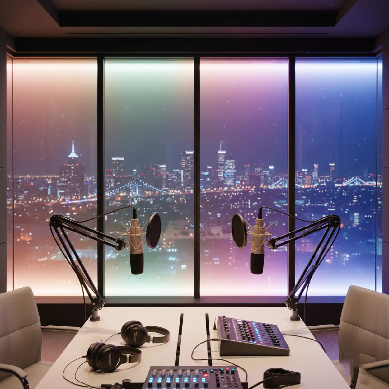 Free Download Realistic Glass Wall Podcast Studio Background With Night City Lights - High Quality Podcast Studio Background Background
