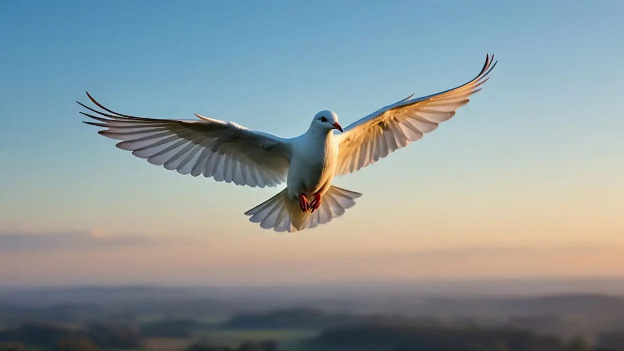 realistic white dove flying in blue sky