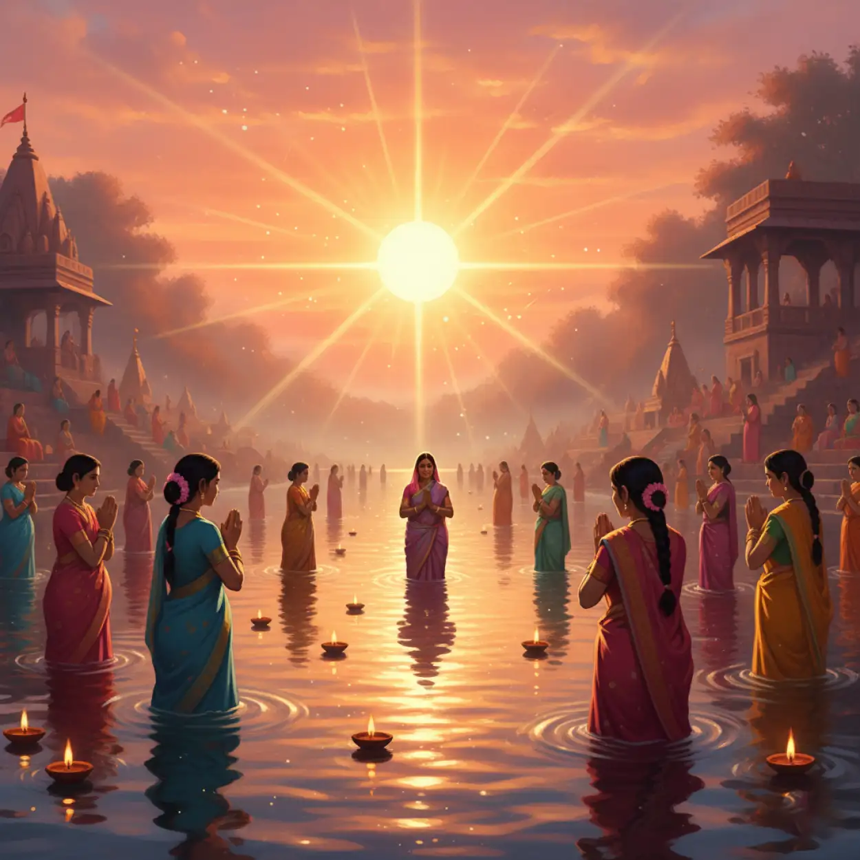 Free Download Realistic Women Offering Arghya Chhath Puja Background - High Quality Chhath Puja Background Background