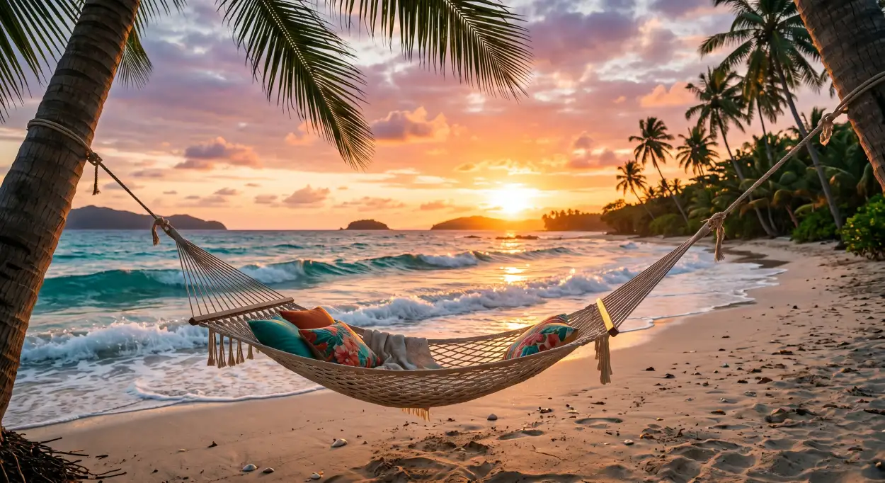 Free Download Relaxing Summer Background With Hammock And Beach View - High Quality Summer Background Background Image