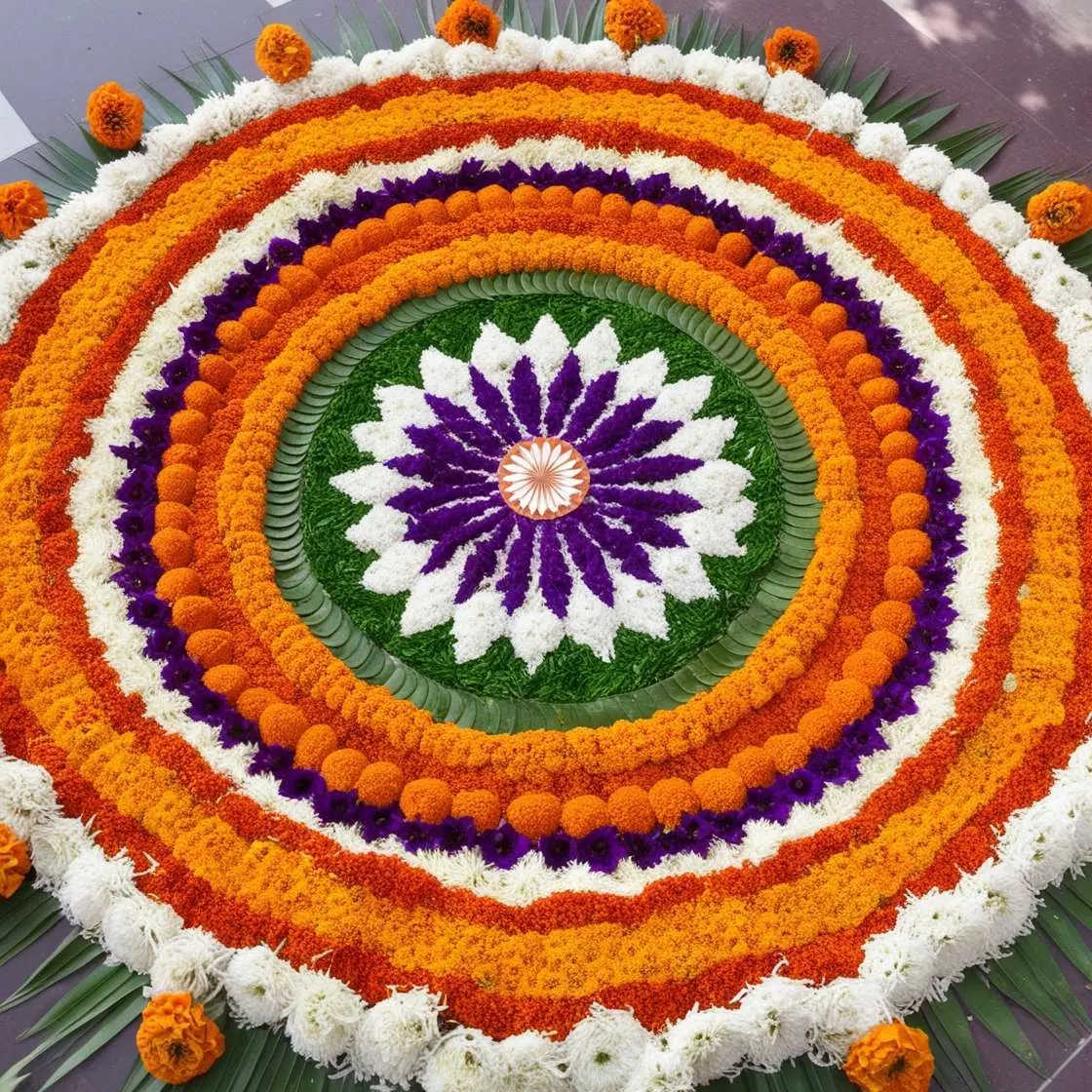 republic day rangoli with rice and colors