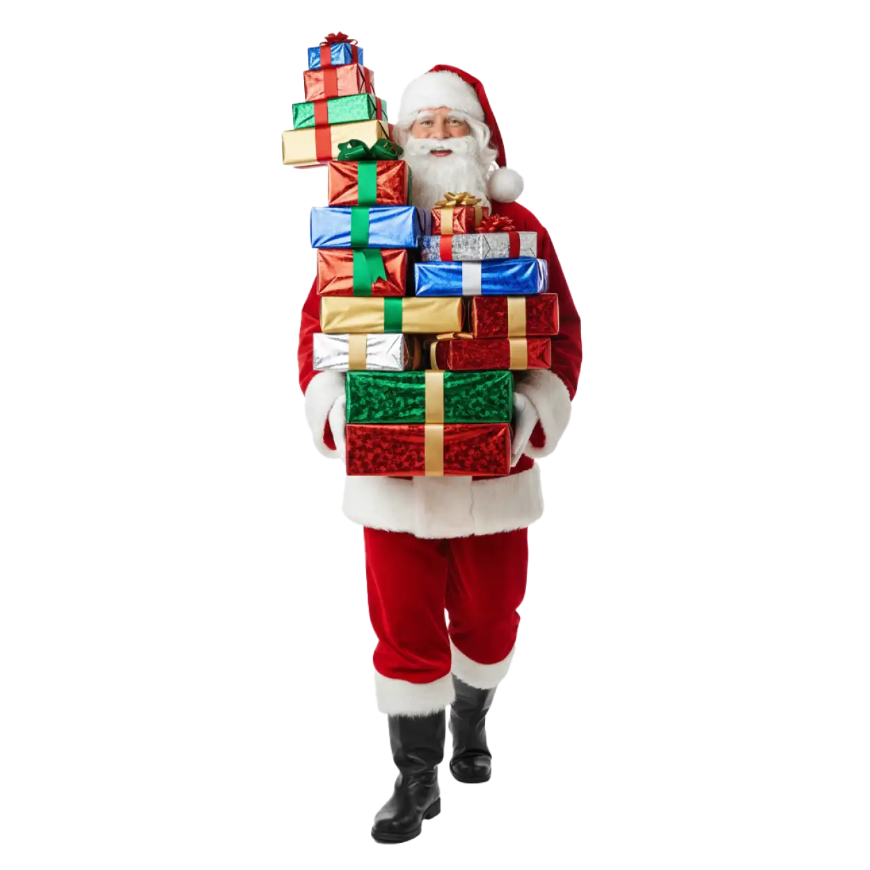 santa claus with christmas tree and gifts png