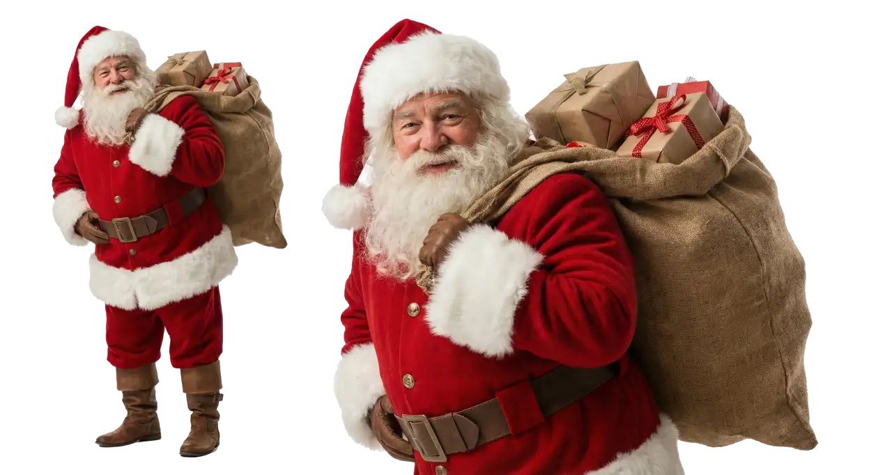santa claus with decorated gifts png