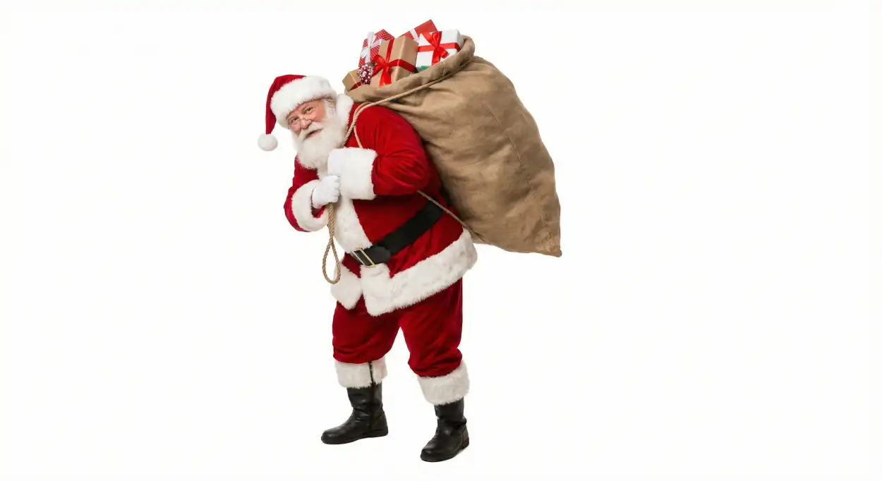 santa claus with golden gift box png