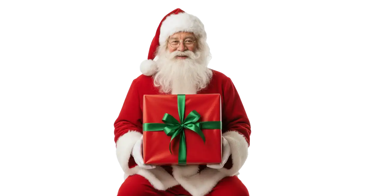 santa claus with shiny gifts png