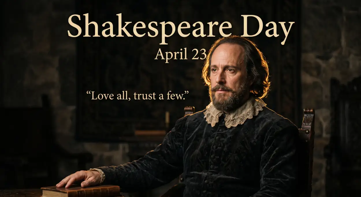 Free Download Shakespeare Day Golden Text Poster - High Quality William Shakespeare Day 2026 Image