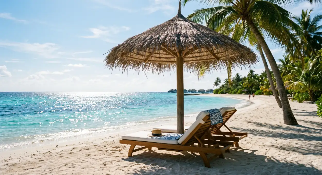 Free Download Summer Background With Beach Umbrella And Chair - High Quality Summer Background Background Image