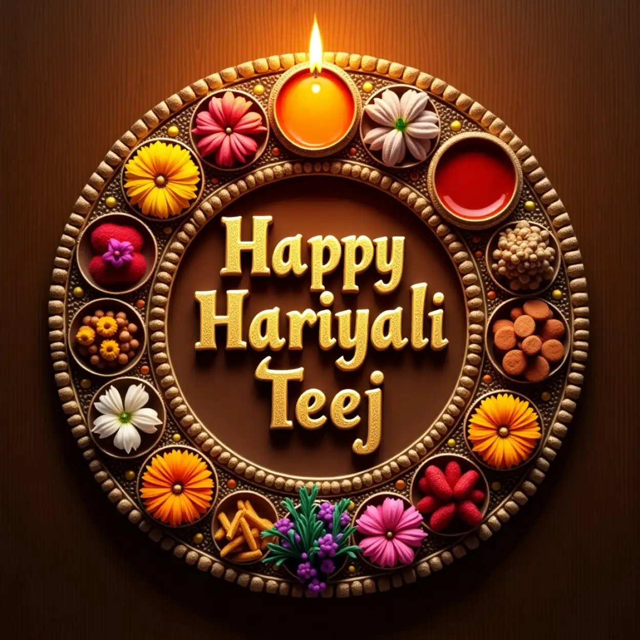 teej puja photo with diya and thali