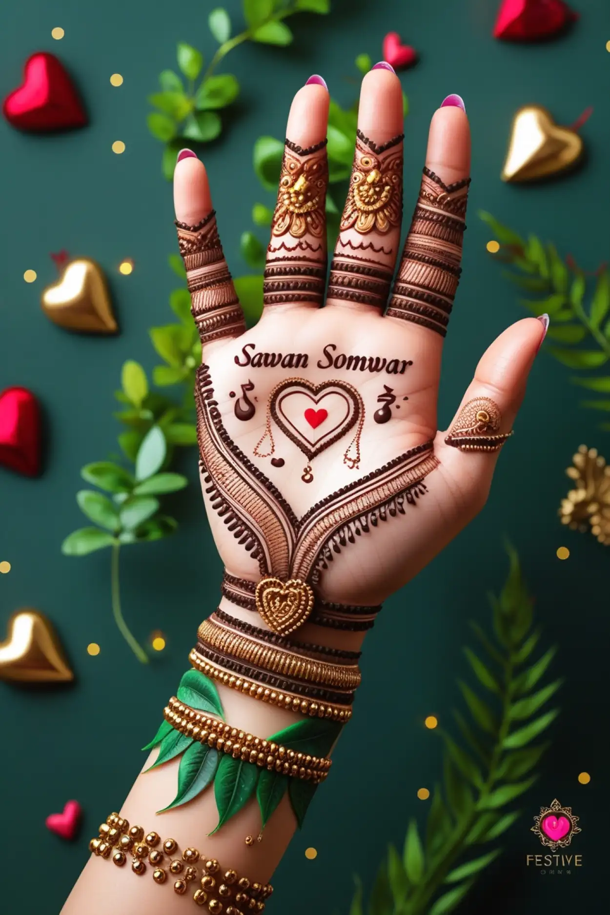 traditional sawan mehndi design with motifs