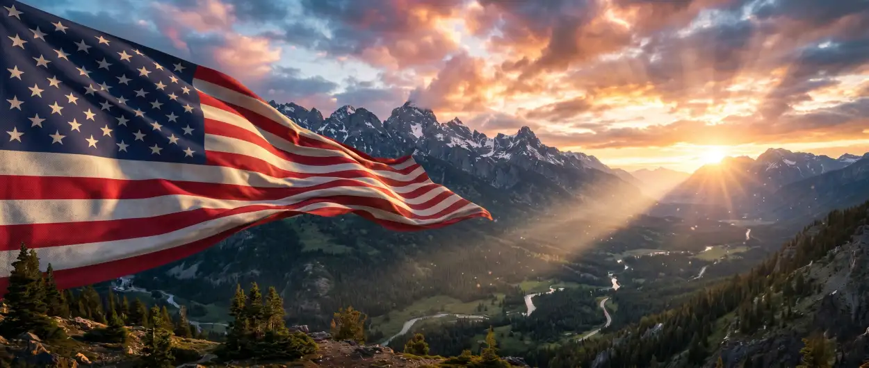 Free Download Usa Flag Waving Over Mountain Landscape Hd Photography - High Quality Usa Flag Image