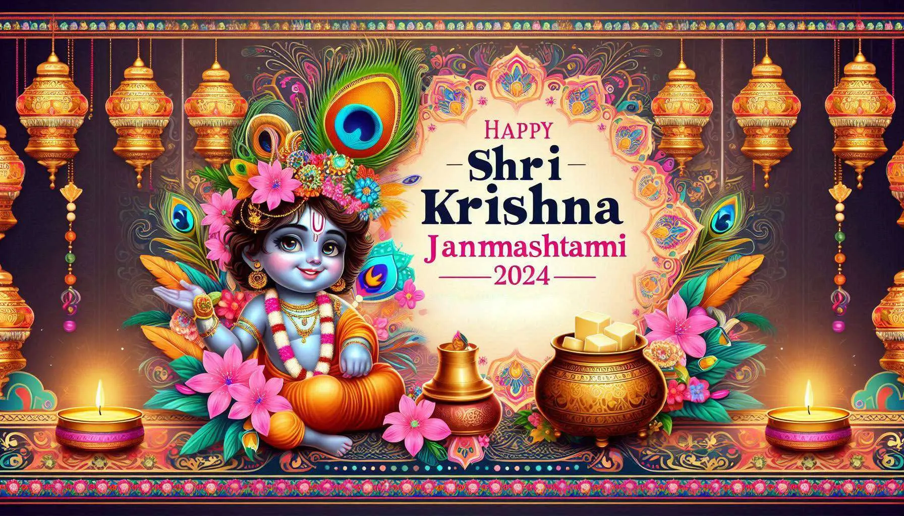 vibrant krishna janmashtami wishes with peacock feather images