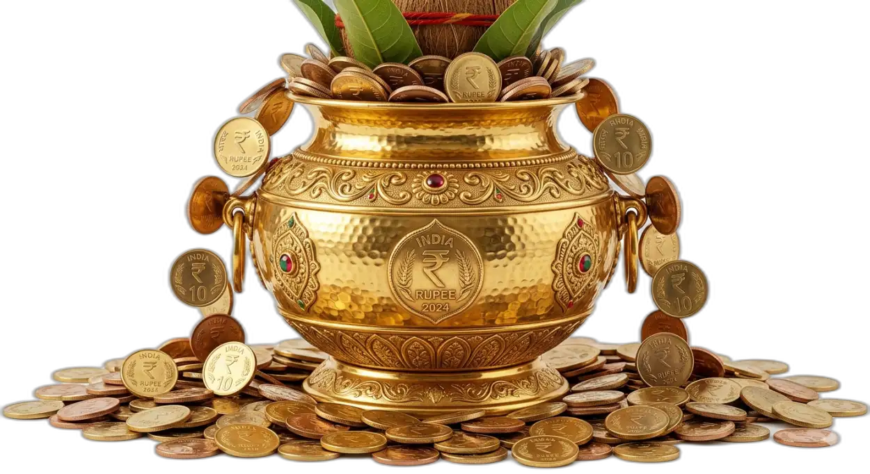Free Download Wedding Kalash With Gold Coins Png Hd - High Quality Golden Puja Kalash With Gold Coins Png Transparent PNG