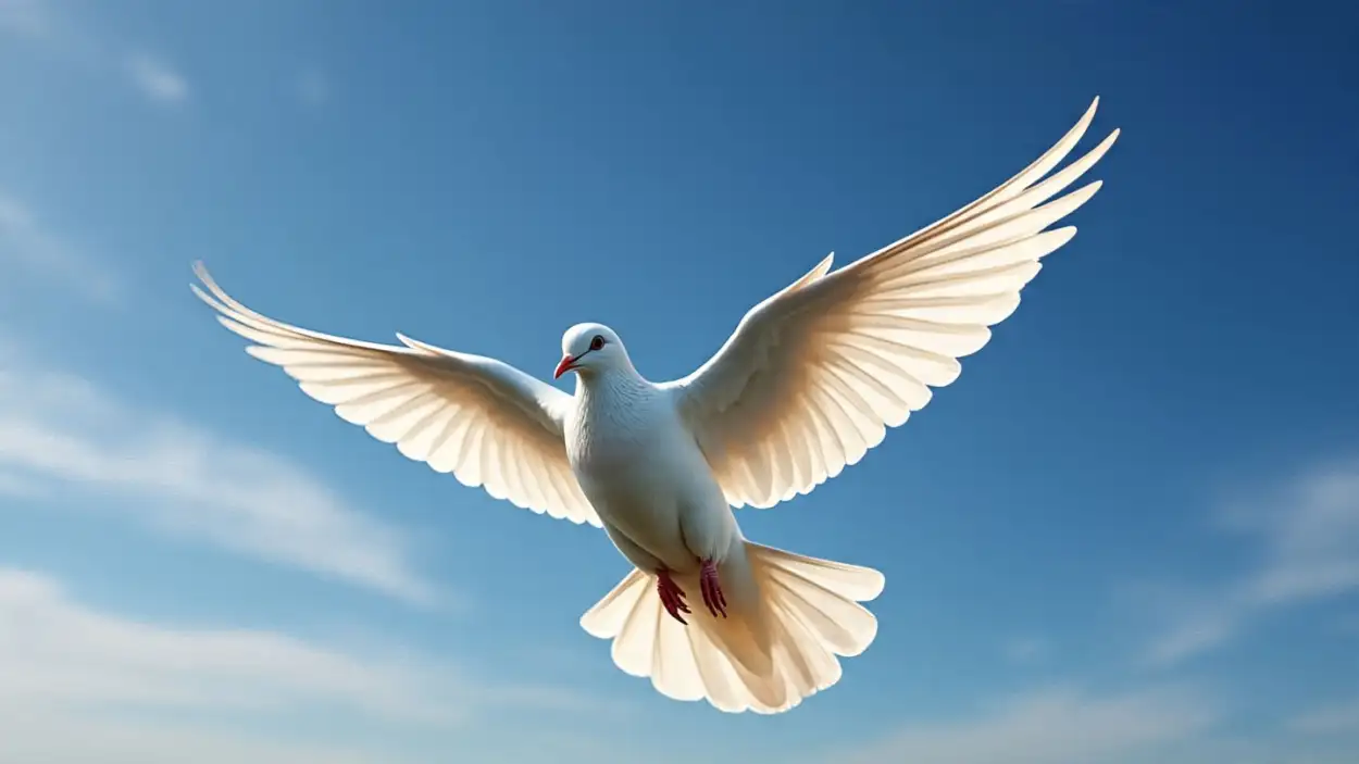 white dove flying in blue sky peace symbol