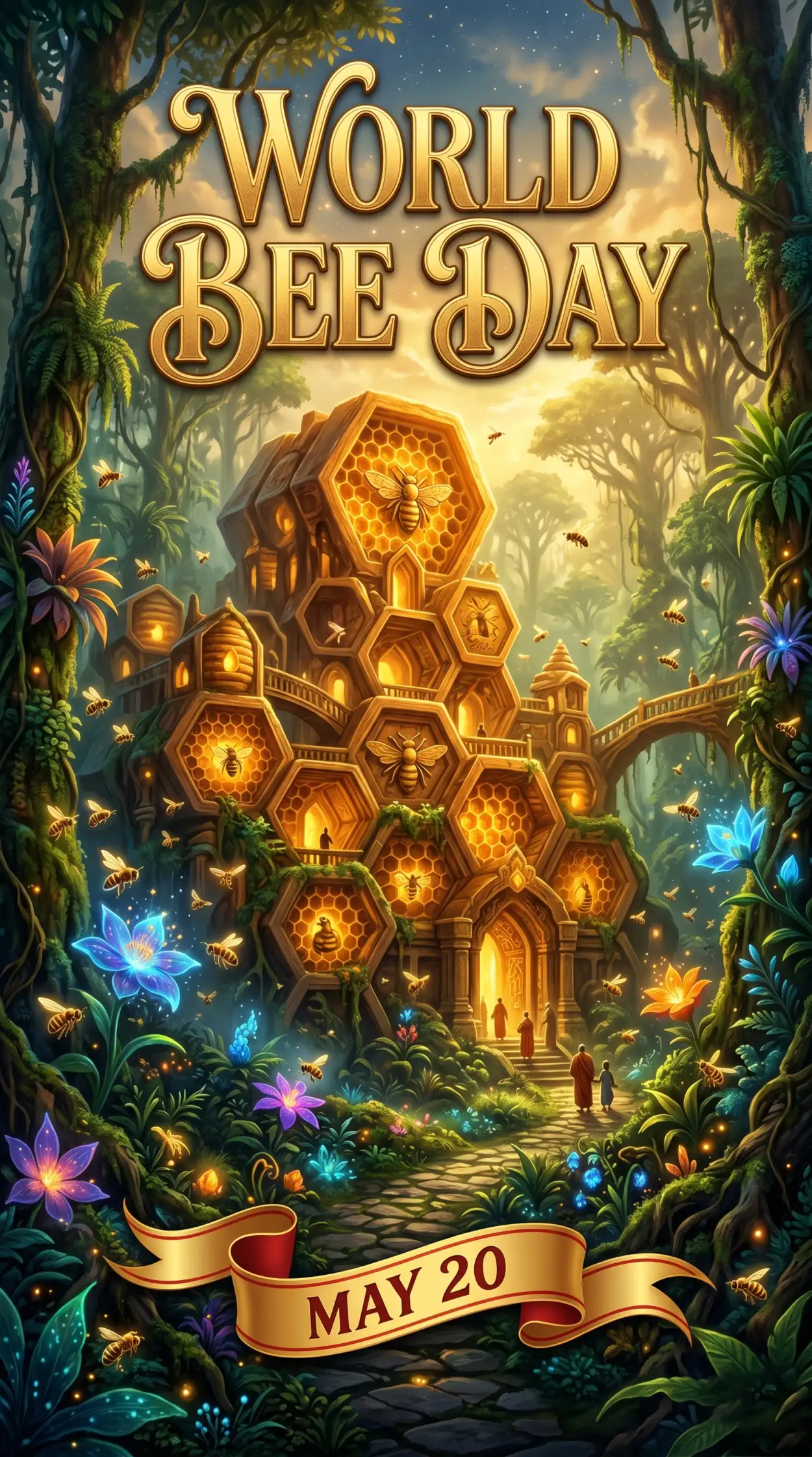 Free Download World Bee Day 2026 Glowing Honeycomb Artwork - High Quality World Bee Day 2026 Image