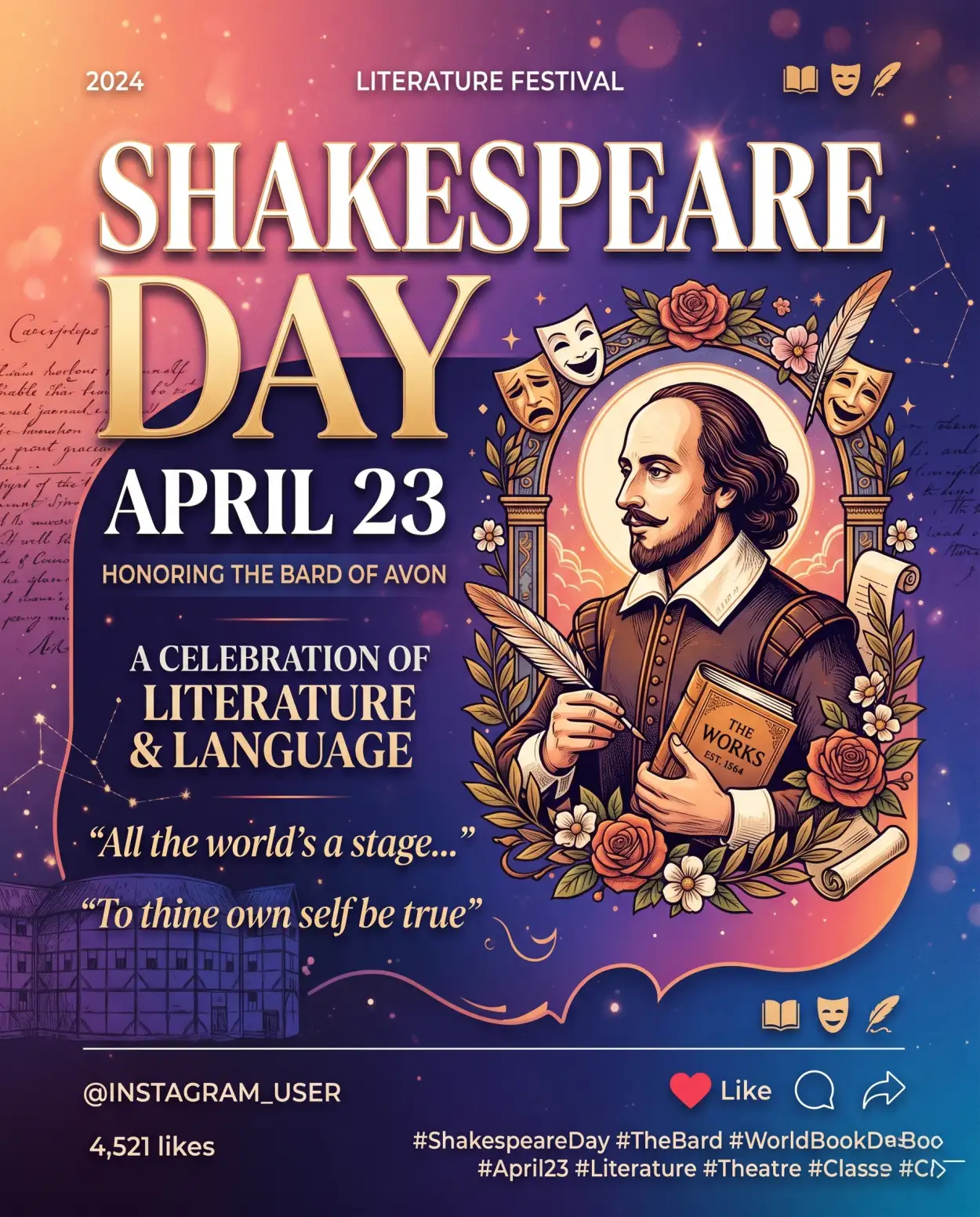 Free Download World Book Day Poster With Shakespeare Portrait - High Quality William Shakespeare Day 2026 Image