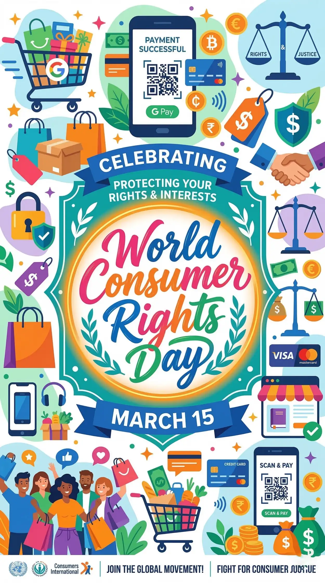 world consumer rights day poster with consumer icon