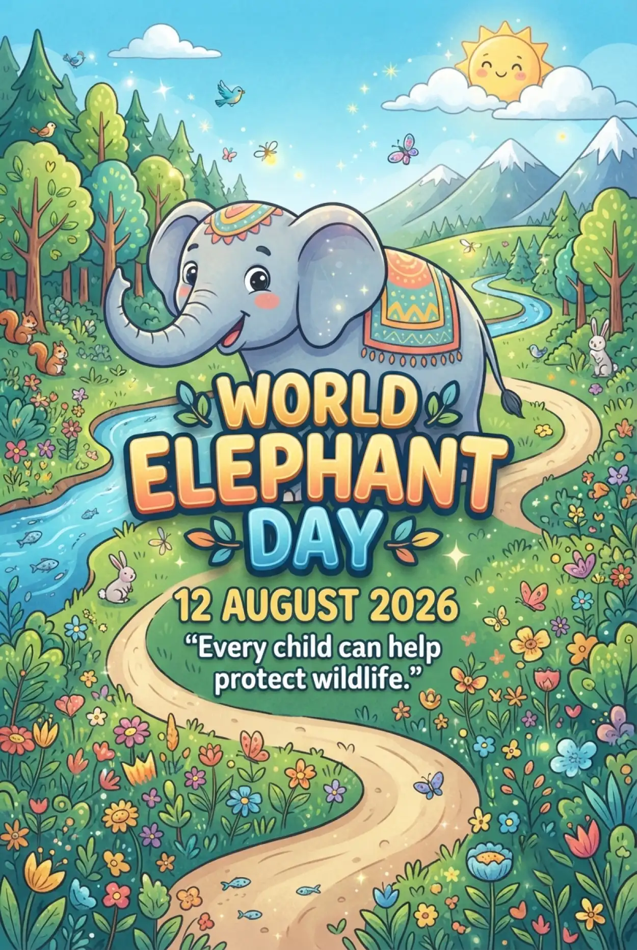 Free Download World Elephant Day 2026 Kids Awareness Poster - High Quality World Elephant Day 2026 Image